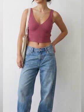 J. Crew Ribbed V-Neck Crop Tank in Dusty Rose